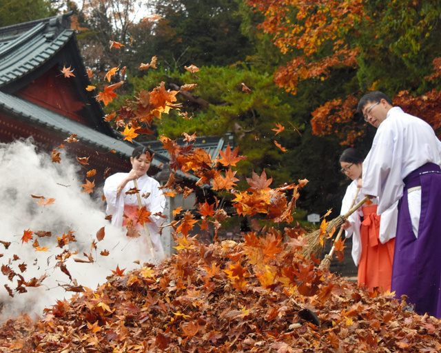 日光二荒山神社中宮祠で落ち葉焚き 緋袴白書 備忘録